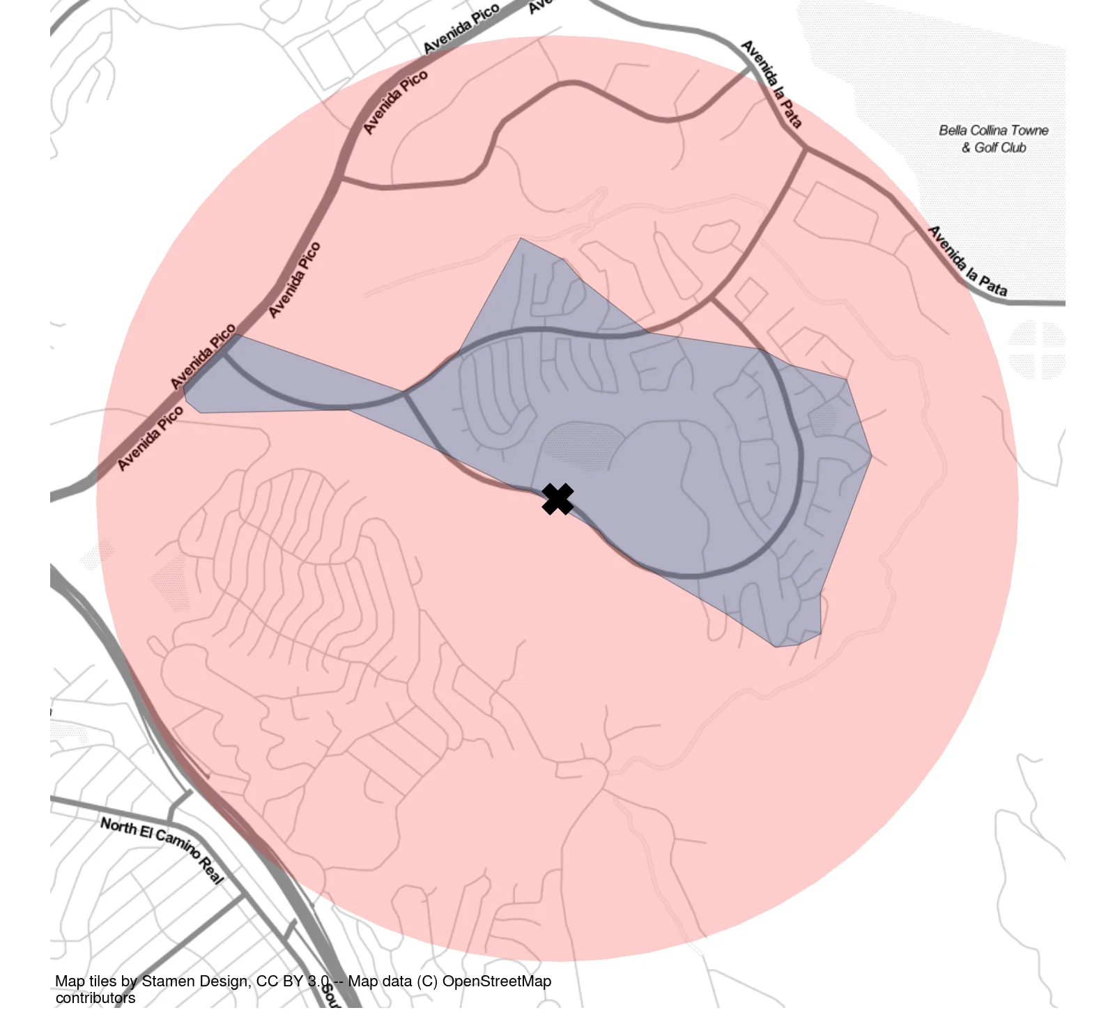 A map of San Clemente, California, centered on a marked point: a large translucent red circle covers everything within one mile as the crow flies, while a much smaller blue polygon covers only the streets reachable within a one-mile walk; the polygon is a fraction of the circle across the hilly, cul-de-sac neighborhood.